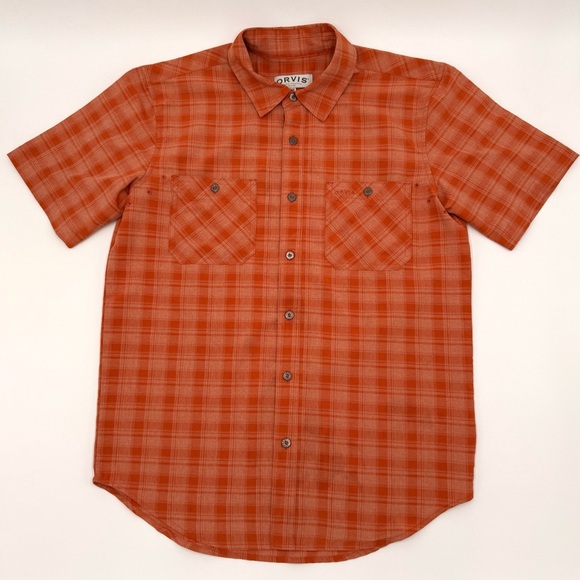 Orvis Men's Orange Plaid Performance Short Sleeve Button Down Tech Shirt Small - Picture 3 of 12